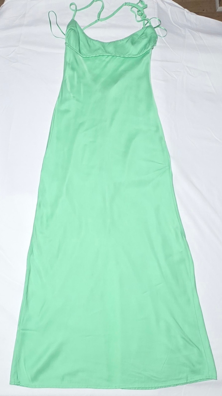 ZARA Women Green Satin Slip Maxi Dress Strappy Open Back Split Sz M 100% Viscose